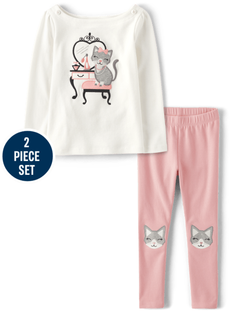 Girls Embroidered Cat 2-Piece Outfit Set - Ladies And Gentlemen