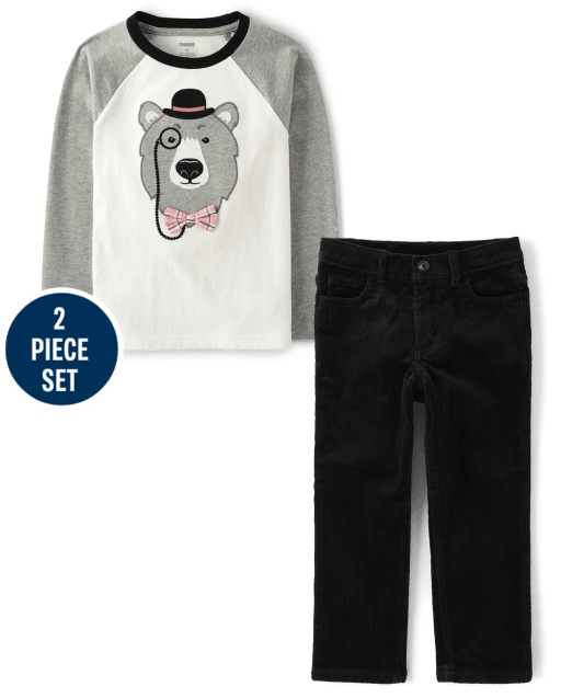 Boys Embroidered Bear 2-Piece Outfit Set - Ladies And Gentlemen