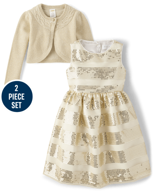 Girls Sequin Striped Dress 2-Piece Outfit Set - Special Occasion
