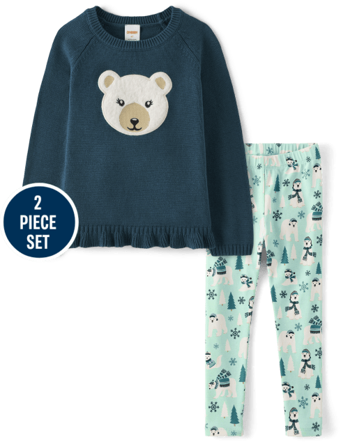 Girls Embroidered Polar Bear 2-Piece Outfit Set - Nordic Adventure