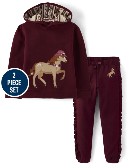Girls Embroidered Horse Fleece Hoodie 2-Piece Outfit Set - Rustic Ranch