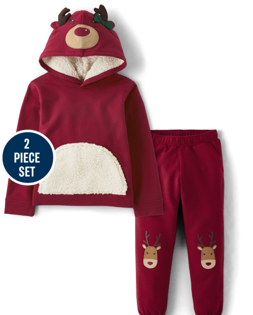Girls Reindeer Fleece 2-Piece Outfit Set - Christmas Cabin
