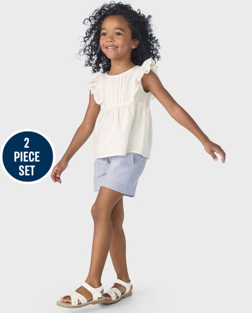 Girls Eyelet Top And Striped Tie Front Shorts 2-Piece Outfit Set - Linen