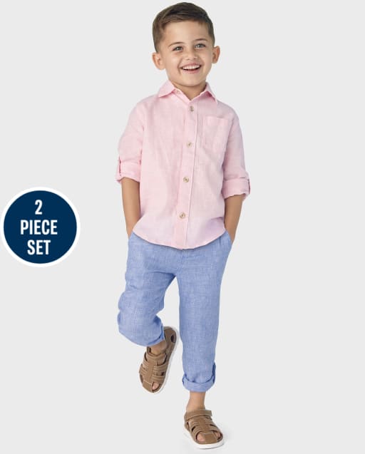 Boys Button Up Shirt And Roll Cuff Pull On Pants 2-Piece Outfit Set - Linen