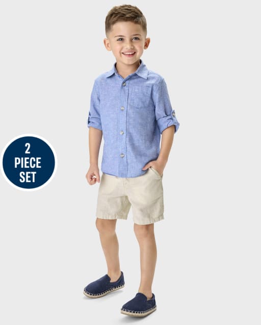 Boys Button Up Shirt And Pull On Shorts 2-Piece Outfit Set - Linen