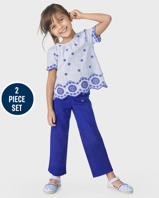 Girls Eyelet Scalloped Top And Button Wide Leg Pants 2-Piece Outfit Set - Bon Voyage