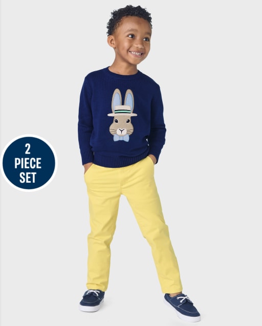 Boys Embroidered Bunny 2-Piece Outfit Set - Spring Celebrations