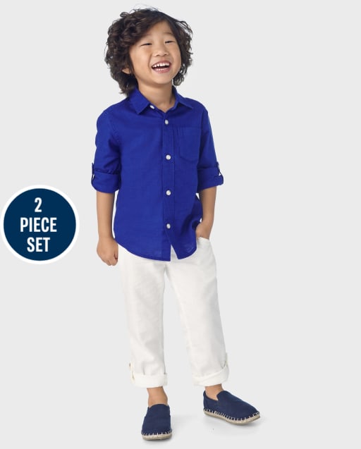 Boys Dad And Me Button Up Shirt And Roll Cuff Pull On Pants 2-Piece Outfit Set - Linen
