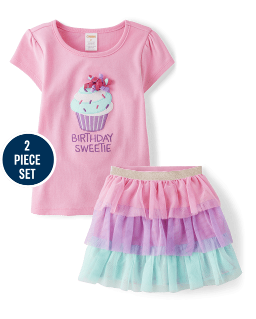 Girls Embroidered Cupcake 2-Piece Outfit Set - Birthday Boutique