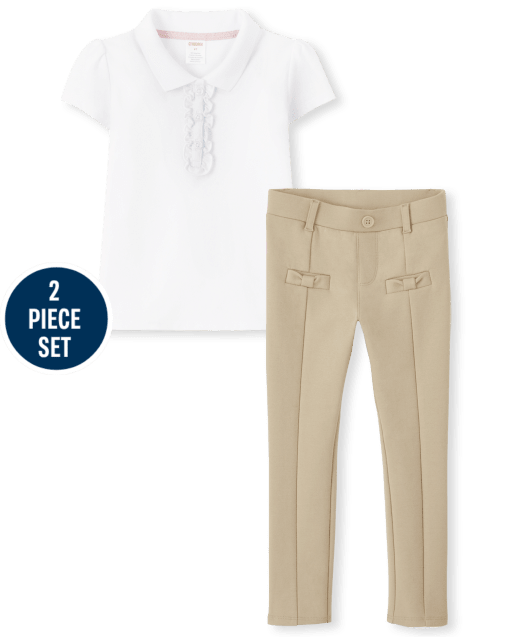 Girls Stain Resistant Polo And Ponte Jeggings 2-Piece Outfit Set - Uniform