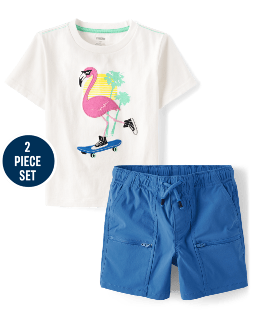 Boys Embroidered Flamingo 2-Piece Outfit Set - Seaside Palms