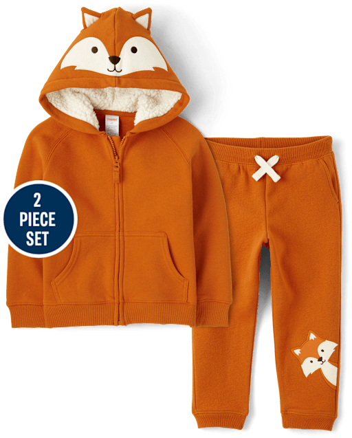 Conjunto de traje de 2 piezas de forro polar de zorro bordado para niños - Aventuras de otoño