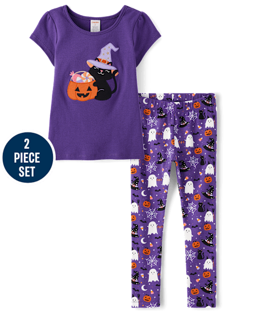 Conjunto Niña Calabaza Gato Bordado 2 Piezas - Halloween