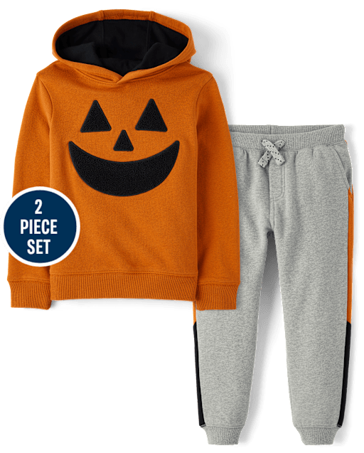 Boys Embroidered Pumpkin Fleece 2-Piece Outfit Set - Halloween