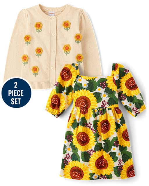 Girls Sunflower Fit And Flare Dress 2-Piece Outfit Set - Autumn Adventures
