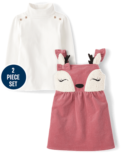 Girls Embroidered Deer Jumper 2-Piece Outfit Set - Country Charm