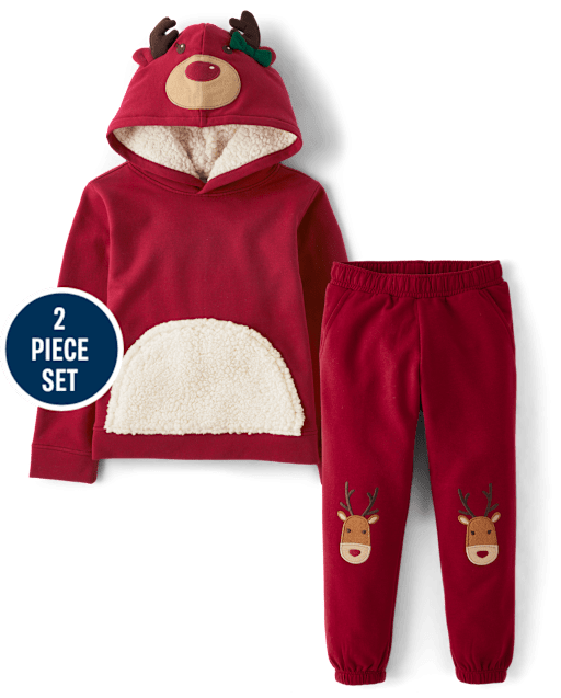 Girls Reindeer Fleece 2-Piece Outfit Set - Holiday Express