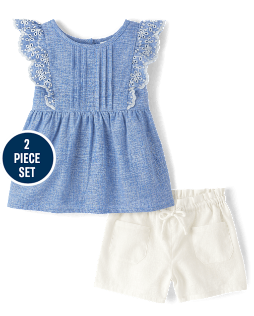 Girls Linen-Blend Eyelet 2-Piece Outfit Set