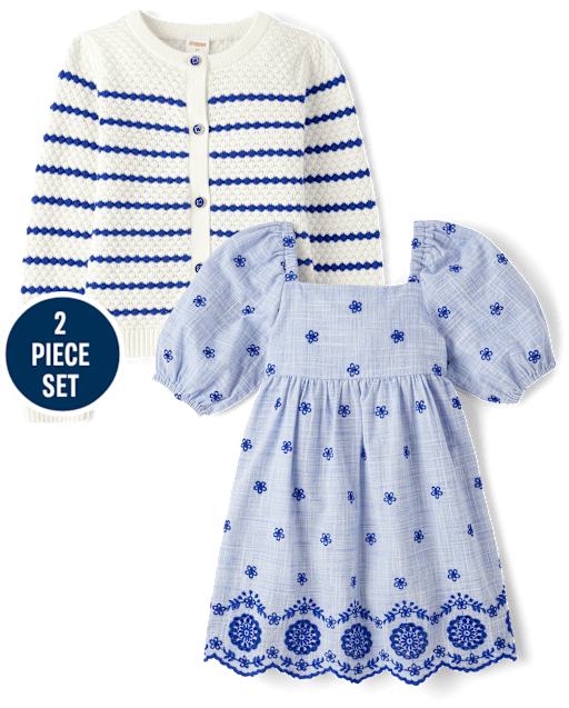 Girls Eyelet Dress 2-Piece Outfit Set - Italian Riviera