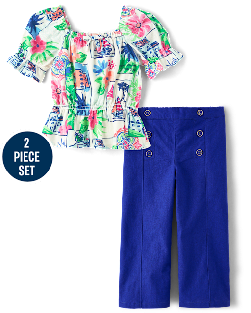 Girls Vacation Linen-Blend 2-Piece Outfit Set - Italian Riviera
