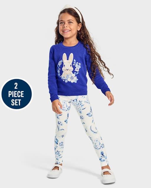 Girls Floral Bunny Bird 2-Piece Outfit Set - Blue Belle