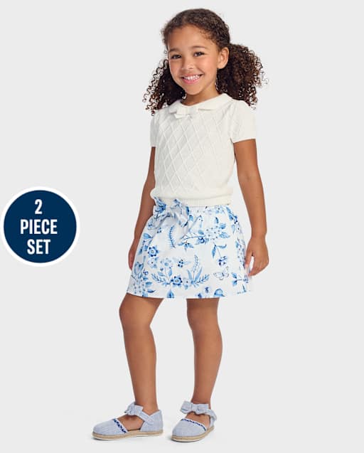 Girls Floral Bow 2-Piece Outfit Set - Blue Belle