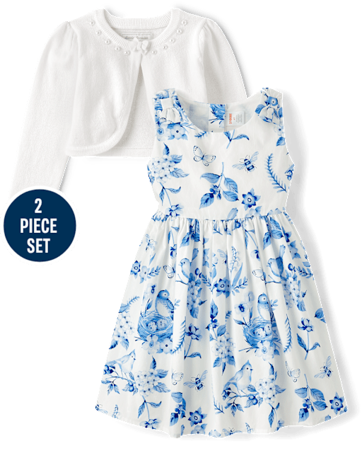 Girls Floral Bird Dress 2-Piece Outfit Set - Blue Belle