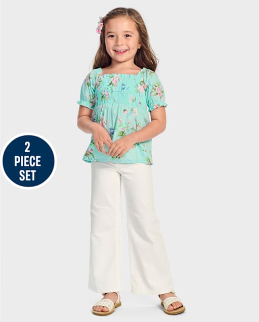 Girls Floral Heart 2-Piece Outfit Set - Spring Celebrations