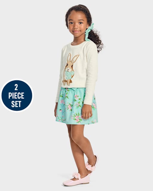 Girls Bunny Floral 2-Piece Outfit Set - Spring Celebrations