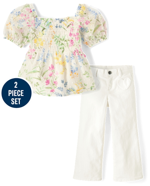 Girls Floral Heart Smocked 2-Piece Outfit Set - Spring Celebrations