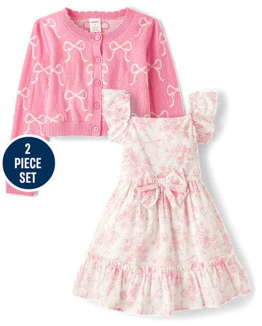 Girls Floral Bow Dress 2-Piece Outfit Set - Blushing Blooms