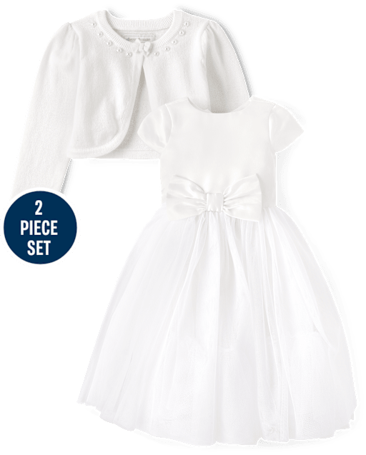 Girls Bow Faux Pearl Dress 2-Piece Outfit Set - Special Occasions