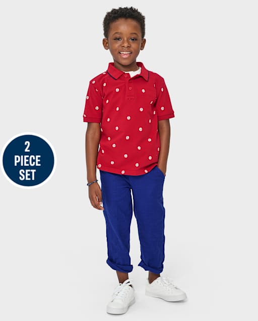 Boys Embroidered Baseball 2-Piece Outfit Set - American Cutie