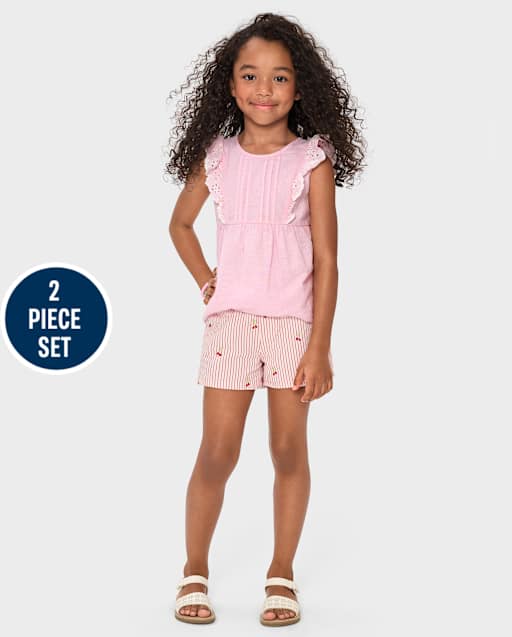 Girls Embroidered Cherry 2-Piece Outfit Set - Sweet Summer