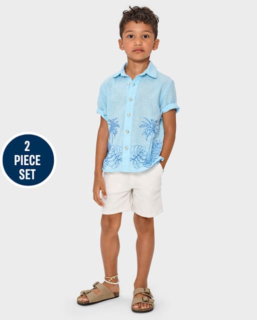 Kids Embroidered Palm Linen-Blend 2-Piece Outfit Set