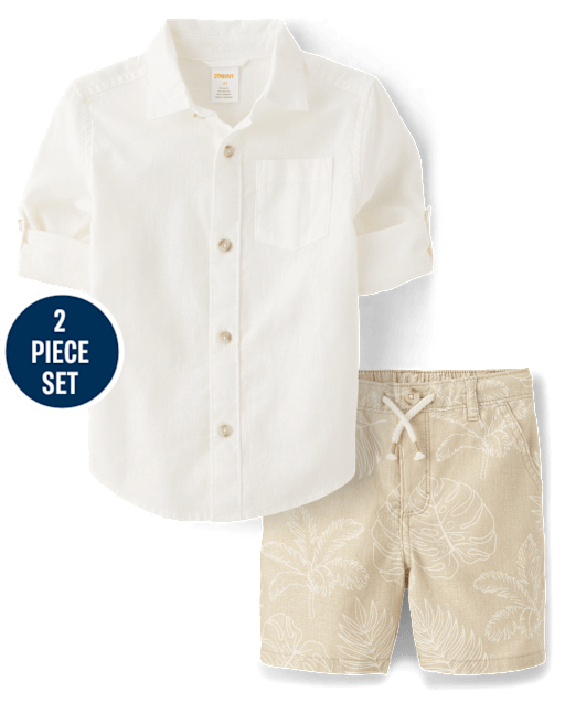 Kids Tropical Leaf Linen-Blend 2-Piece Outfit Set