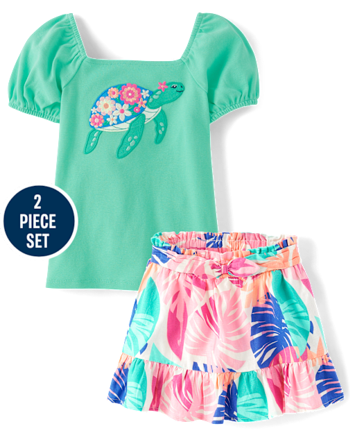Girls Embroidered Turtle 2-Piece Outfit Set - Seaside Palms
