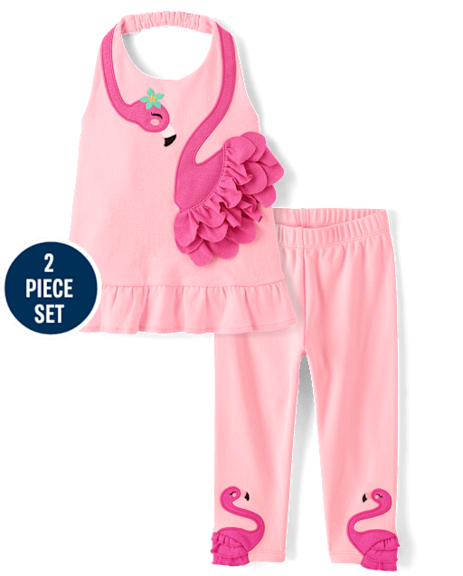 Girls Ruffle Flamingo 2-Piece Outfit Set - Seaside Palms