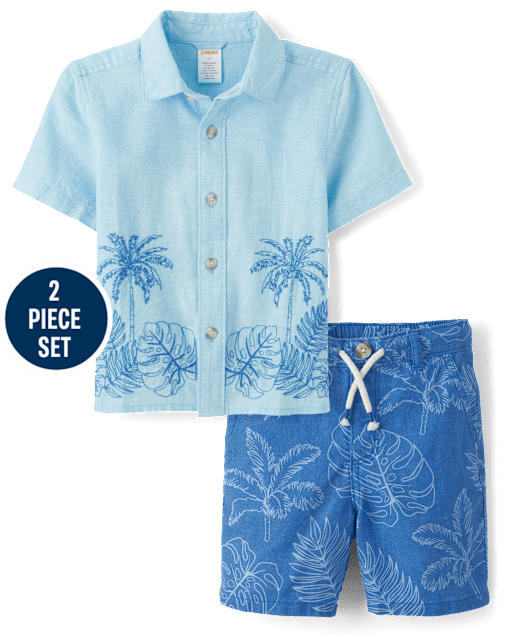 Kids Embroidered Tropical Leaf Linen-Blend 2-Piece Outfit Set