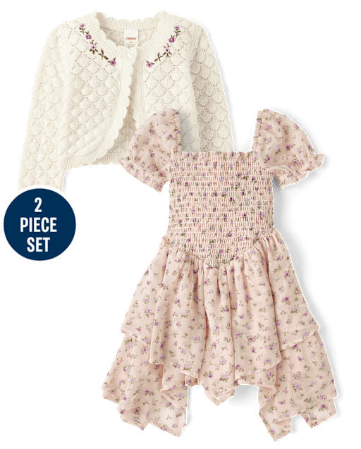 Girls Floral Pointelle Cardigan 2-Piece Outfit Set - Magical Meadows