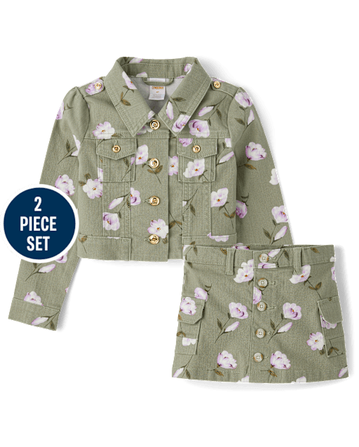 Girls Floral Utility Jacket 2-Piece Outfit Set - Magical Meadows