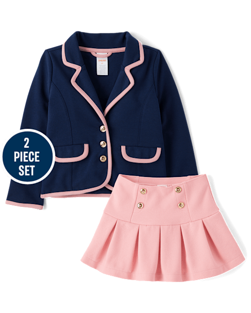 Girls Contrast Trim Ponte Blazer 2-Piece Outfit Set - Campus Cuties