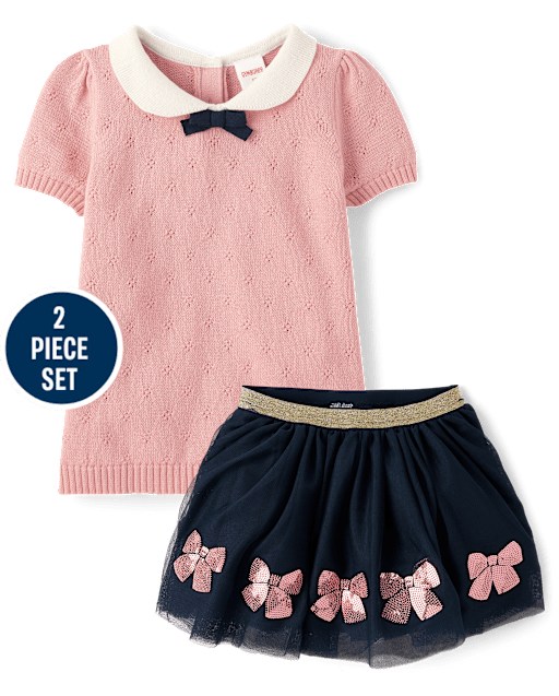 Girls Sequin Bow Tutu 2-Piece Outfit Set - Campus Cuties