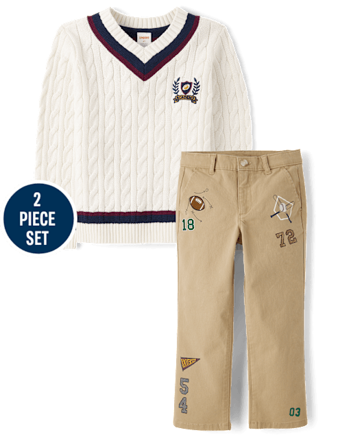 Kids Varsity Cable Knit Sweater 2-Piece Outfit Set - Campus Cuties