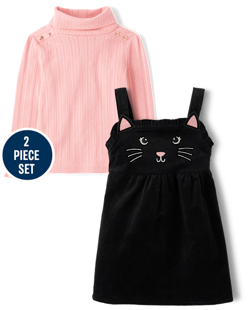 Girls Embroidered Cat Corduroy Skirtall 2-Piece Outfit Set - Halloween