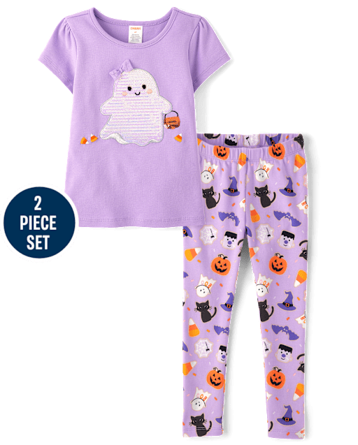 Girls Embroidered Sequin Ghost Top 2-Piece Outfit Set - Halloween