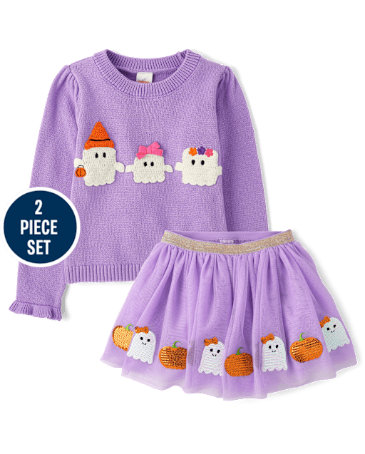 Girls Crochet Ghost Sweater 2-Piece Outfit Set - Halloween