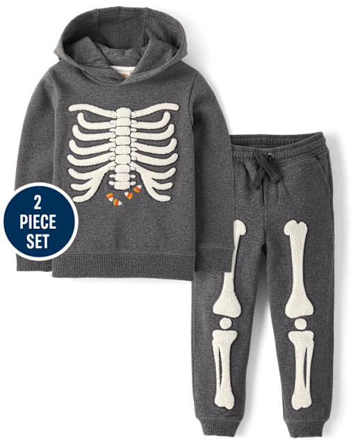 Boys Embroidered Skeleton Fleece Jogger 2-Piece Outfit Set - Halloween