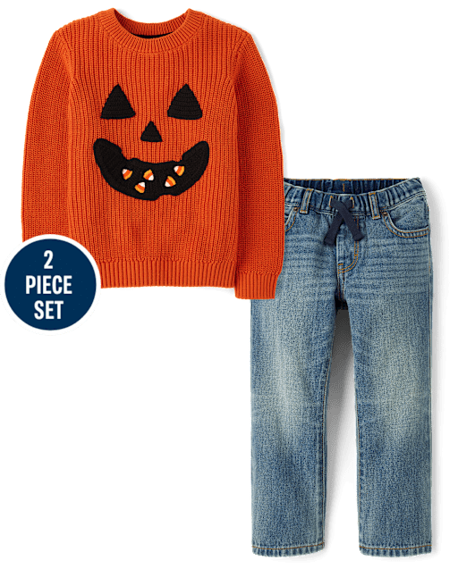 Boys Embroidered Jack-O-Lantern 2-Piece Outfit Set - Halloween