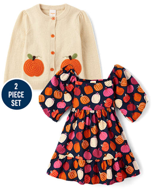 Girls Crochet Pumpkin 2-Piece Outfit Set - Fall Celebrations